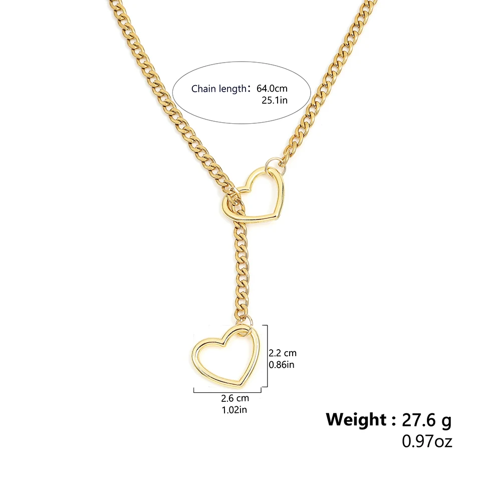 Adjustable Stainless Steel Cuban Link Necklace Hollow Heart Y-Shaped Necklace Punk Rock Style Party Accessories