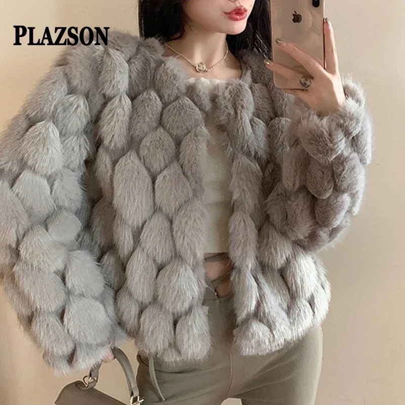 

PLAZSON Warm Faux Fur Women Coat Cardigan Winter Tops Elegant White Black Plush Fluffy Fur Jackets Luxury Shaggy Outerwear шуба