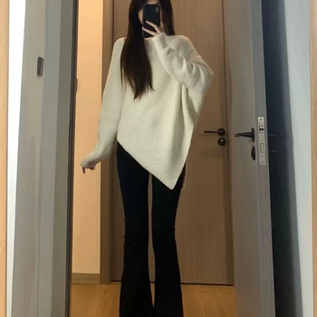 Autumn Winter New Women Sweater Korean Fashion Chic Casual Turtleneck Solid Asymmetr Loose Batwing Sleeve Pullovers Knitted Tops 4