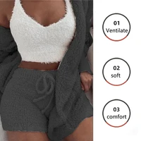 3PCS/Set Thickened Warm Sleepwear Winter Women Long Plush Long-Sleeved Revealing Vest Shorts Student Homewear Solid Fashion - Image 2
