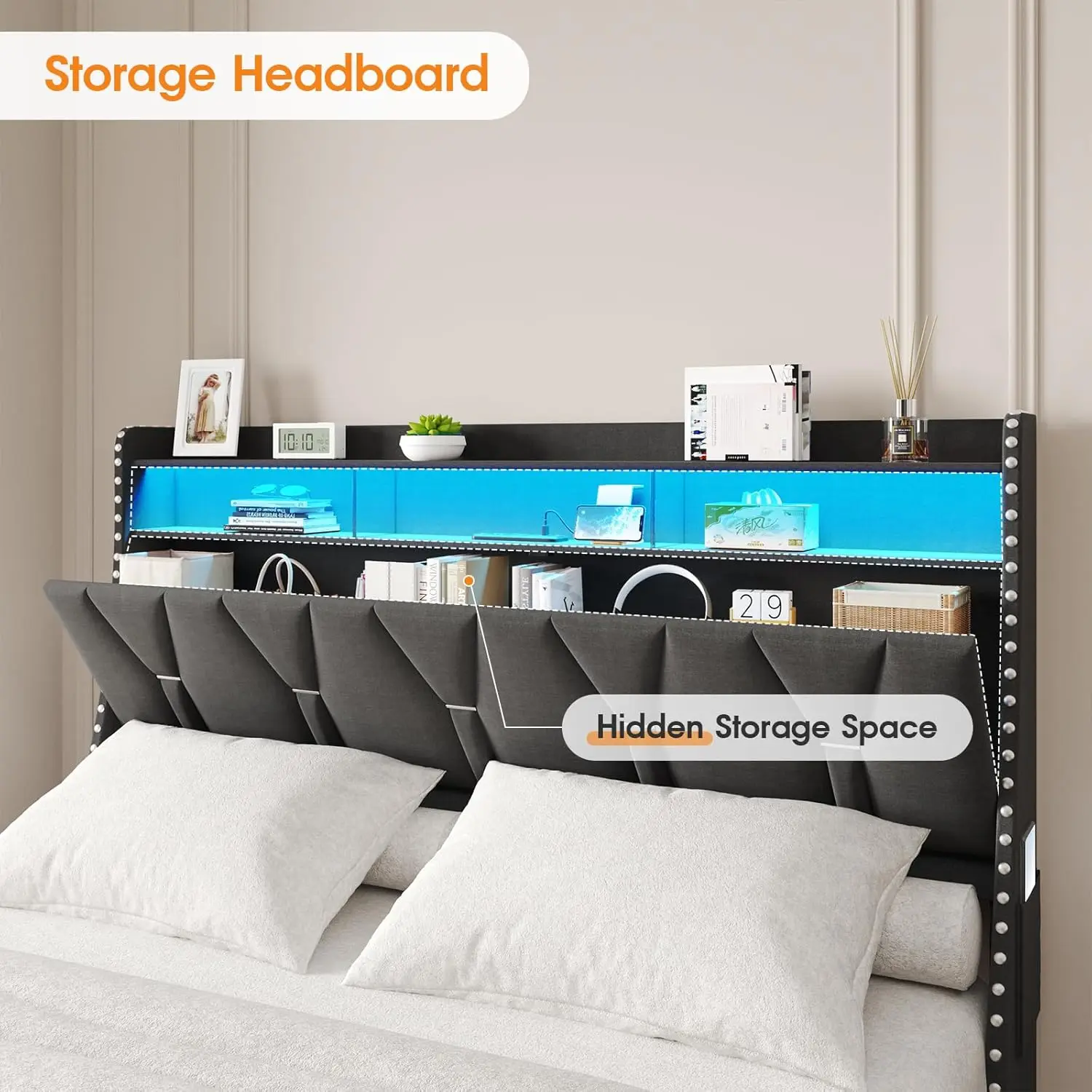 Vabches Queen Size Bed Frame with Headboard&4 Dustproof Storage Drawer Upholstered Platform Bed Frame with Power Strip&LED Light 4