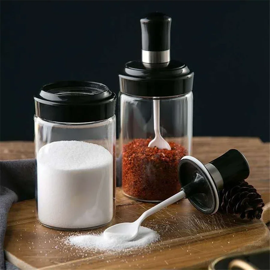 Glass Spice Box Spoon and Lid Integrated Spice Jar Combination Seasoning Jar Kitchen Supplies Home Salt Shaker Oil Bottle Set