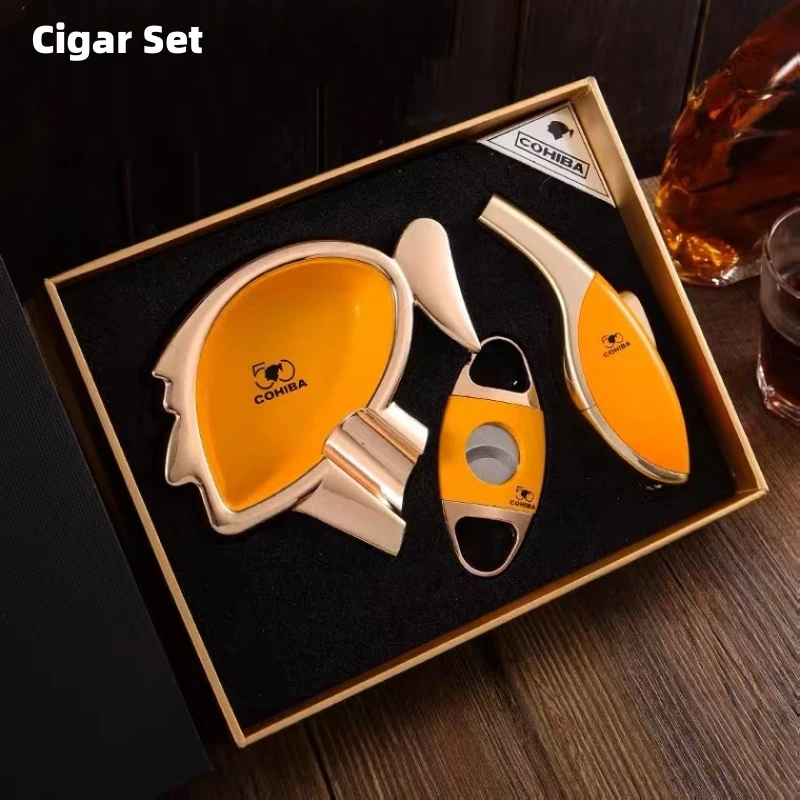 

COHIBA Windproof Butane Gas Torch Jet Flame Cigar Lighter Set High-Grade Ashtray Cigar Cutter Punch Portable Cigar Accessories