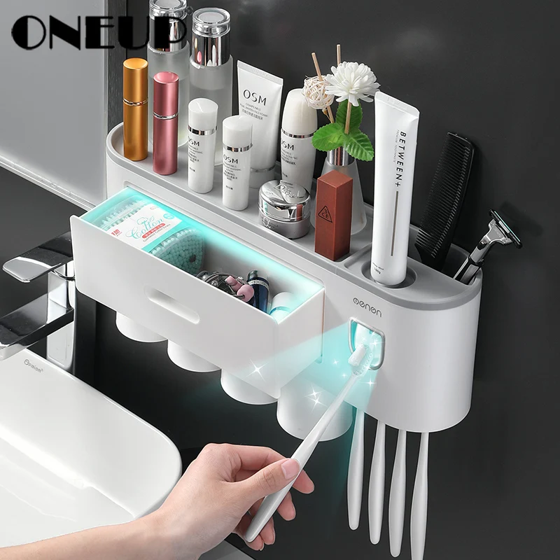Neu Wall Mount Toothbrush Holder Bathroom Accessories Storage Rack with 3 Cups 