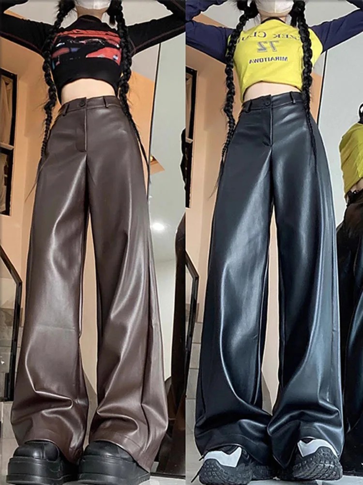 PU-Leather-Straight-Pant-Black-Women-Autumn-Wide-Leg-Leather-Baggy ...