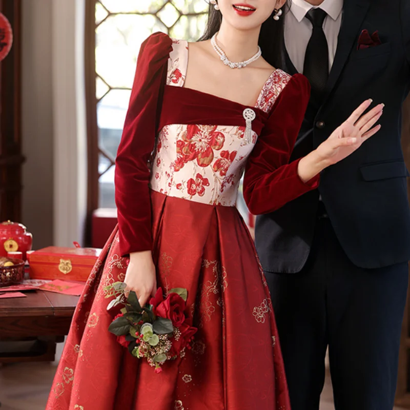 

elvet Chinese Style Dresses Gown Burgundy Bridal Toasting Attire Cheongsam Elegant Jacquard Qipao Wedding Banquet Vestidos