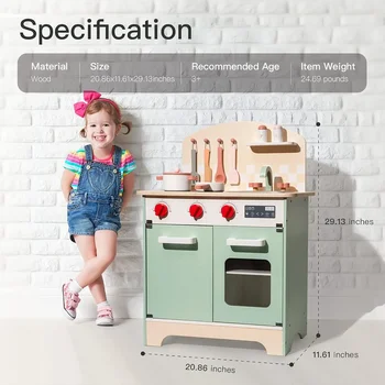 Robud Wooden Play Kitchen Realistic Toddler Kitchen Set Wood Chef Pretend Kids Kitchen Playset Toy Kitchen for Boys Girls Green 2