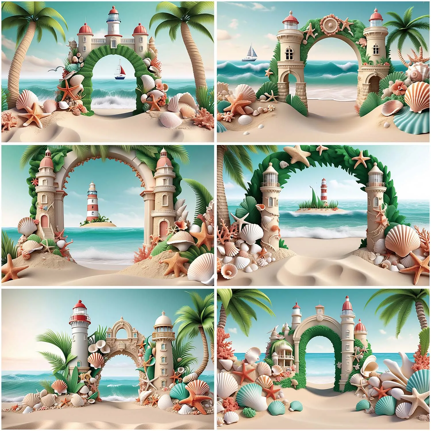 

MOON.QG Tropical Beach Landscape Photography Backdrop Summer Holiday Lighthouse Party Photocall Background Custom Photo Props