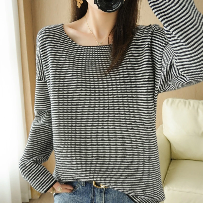 cute sweaters New Brand Autumn and Winter Women Cashmere Wool Blended Sweater Thickened O-neck Striped Pullover Warm Loose Knit Bottoming Coat pullover sweater