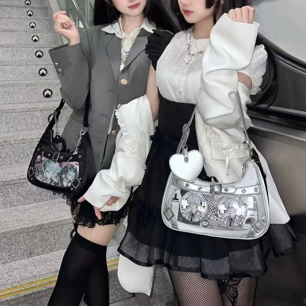 JIAERDI Harajuku Silver Handbag Itabag Women New Sweet Cute Heart Bow Leather Half Moon Pain Bag Girls Crossbody Bags Aesthetic