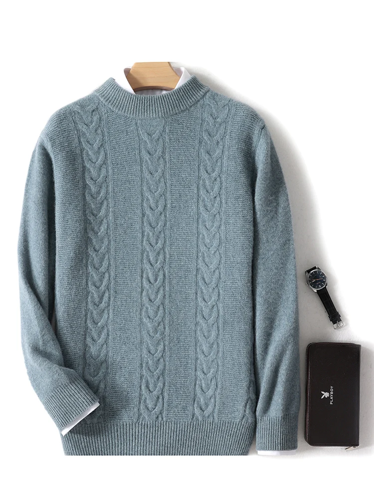 CHICUU Autumn Winter Men Cashmere Sweater Thick Mock Neck Cable Knitting Pullover 100% Merino Wool Knitwear High Quality Tops 2