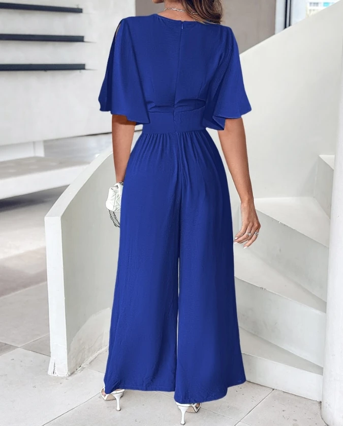 Jumpsuits for Women New Casual Deep V-Neck Wide Leg Ruched Women One Pieces Bodysuit Women Short Sleeve Elegant Casual Jumpsuit