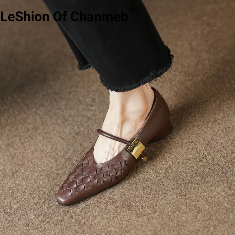 

LeShion Of Chanmeb Sheep Leather Pumps Women Designer Woven Low Heels Brand Metal Shoes Woman Slipon Shallow Square Toe Shoes 40