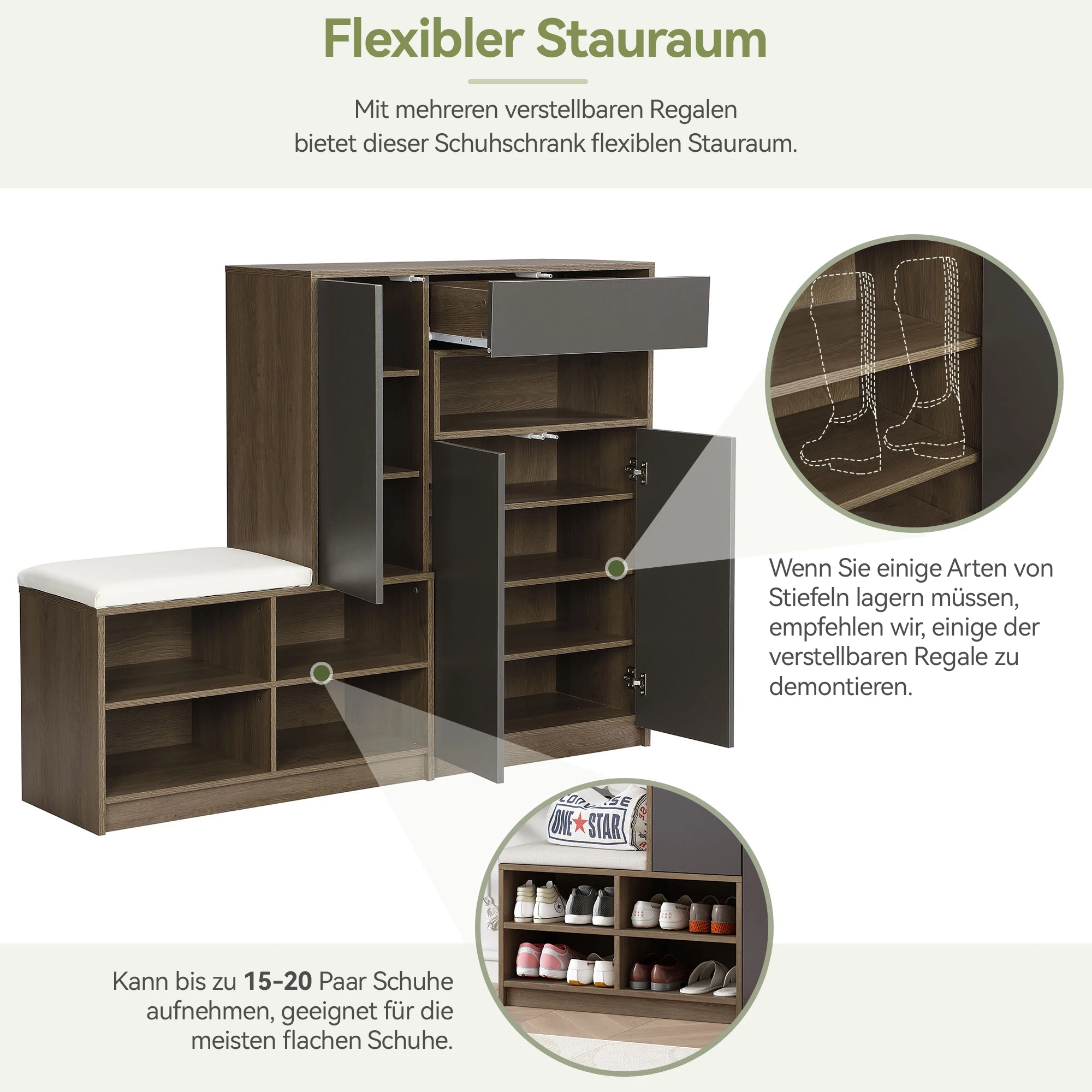 PINGGO Schuhaufbewahrungsschrank, Schuhschrank mit gepolstertem Sitz, verstellbare Regale, vielseitige multifunktionale Schuhaufbewahrung für den Flur – Detail 2