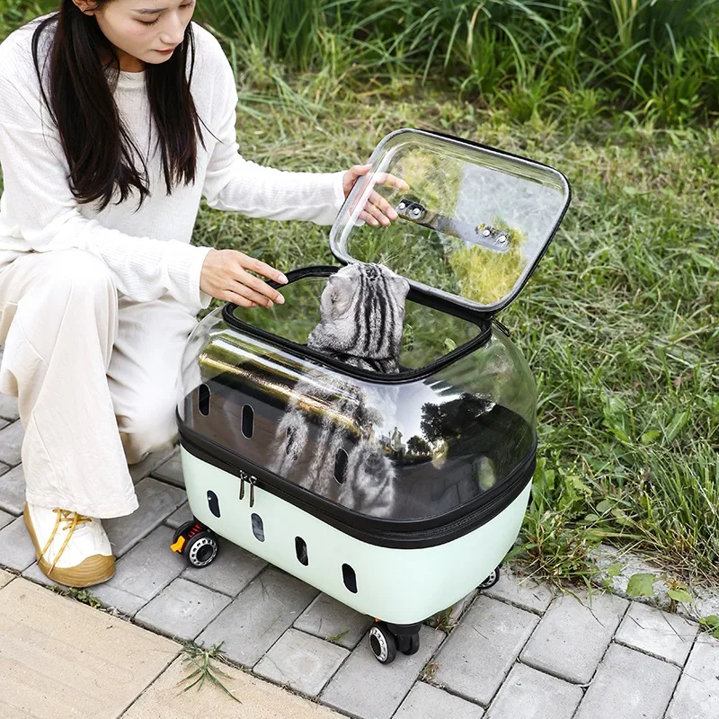 Fashion Transparent Cat Cage Large Capacity Pet Suitcase Breathable Cat Carriers Pull Rod/Handheld Dual Use Transport Cart