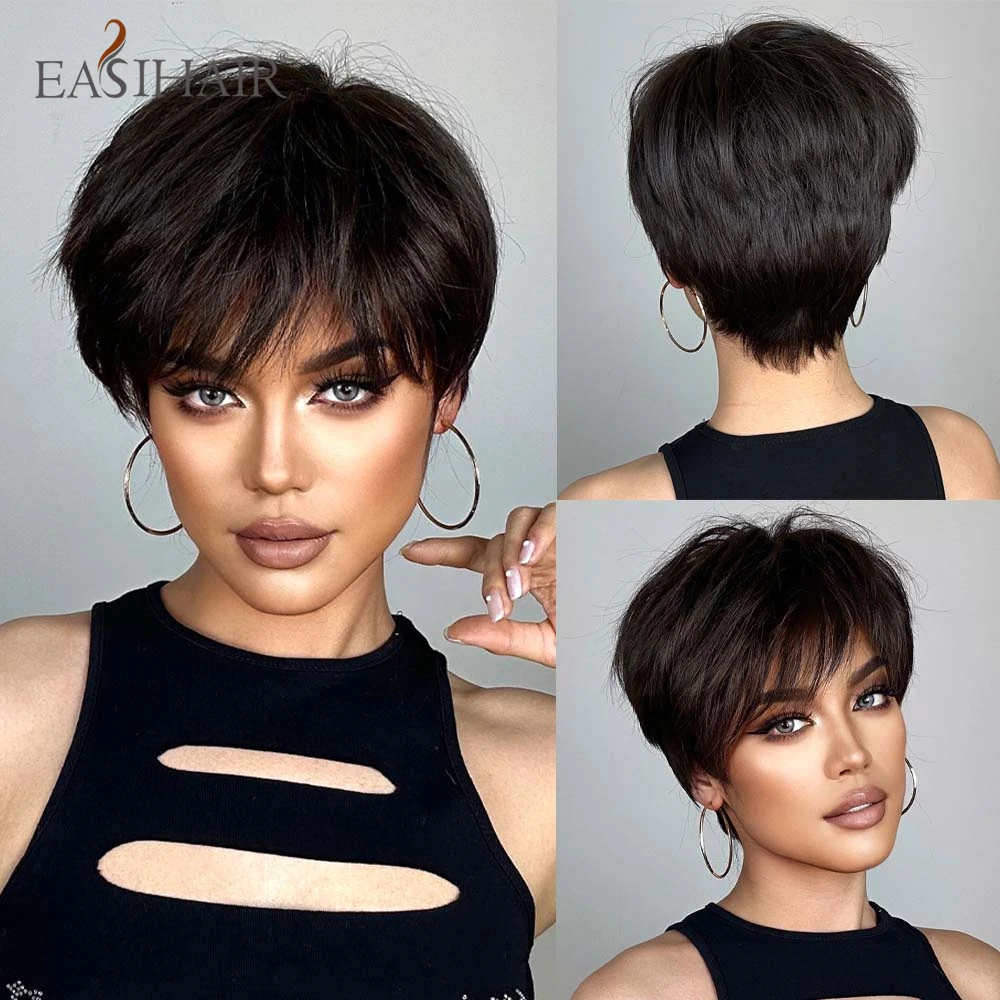 

EASIHAIR Black Pixie Cut Synthetic Bob Wigs With Bangs Short Straight High-temperature Fake Hair for Women Daily Cosplay Party