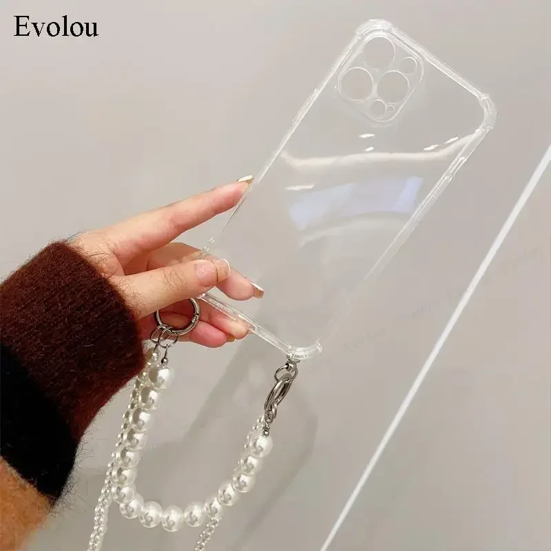 Pearl Chain Crossbody Lanyard Transparent Soft Silicone Phone Case