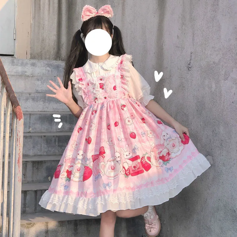 Authentic Lolita Large L-4xl Lolita Slimming Dress Set Japanese Girl Fairy Jsk Strap Dress Summer Sweet Loli