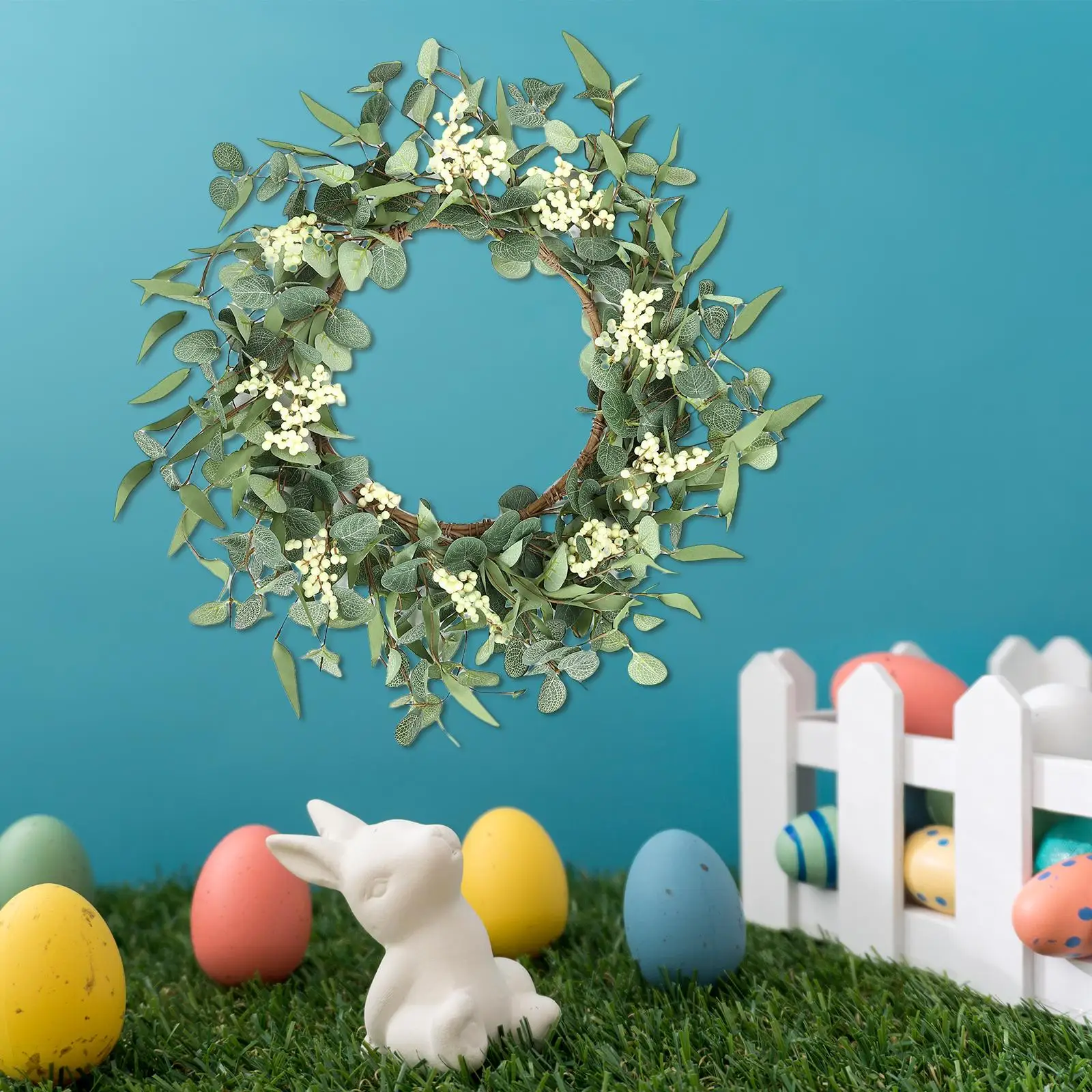 Spring Wreath Welcome Sign Artificial Eucalyptus Wreath Easter Wreath Greenery Wreath for Door Farmhouse Home Patio Living Room