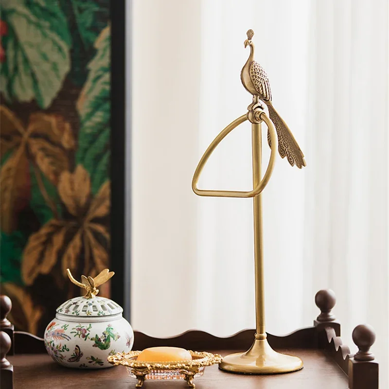 Brass Peacock Bath Towel Ring Retro Vertical Hand Towel Rack Ornaments Storage Holder Hotel Light Luxury Bathroom Supplies