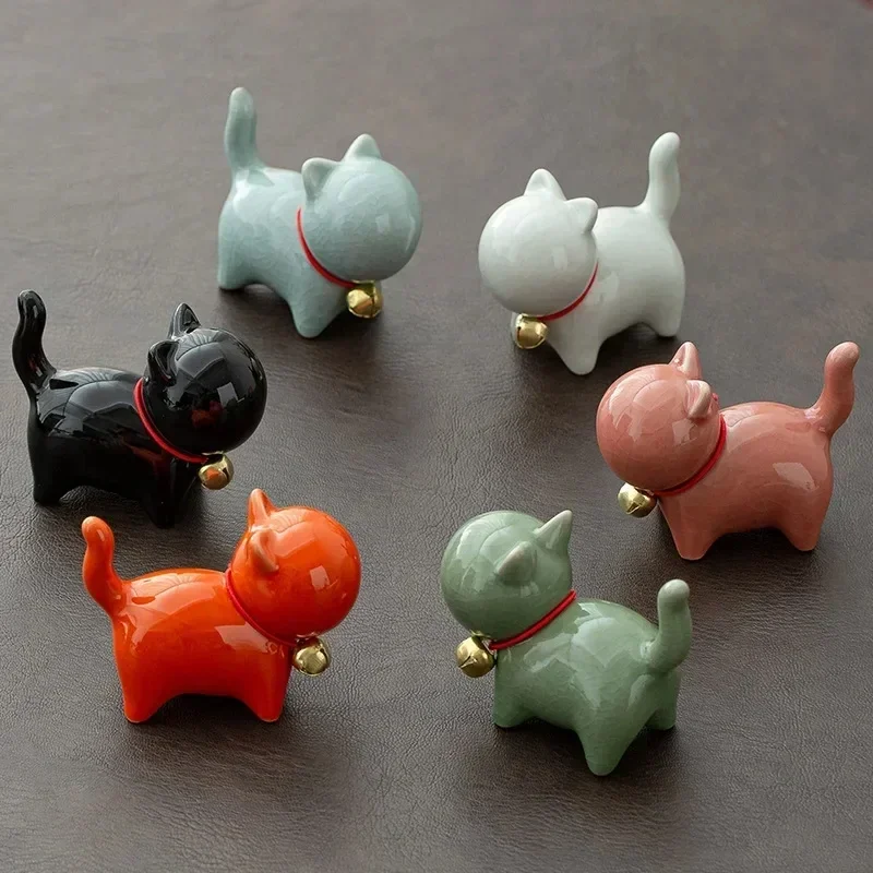 Tea Pet Ornaments Cute Bell Little Cat Tea Pet Ornament Ceramics Crafts Desktop Decoration Cat Sculptures and Statues