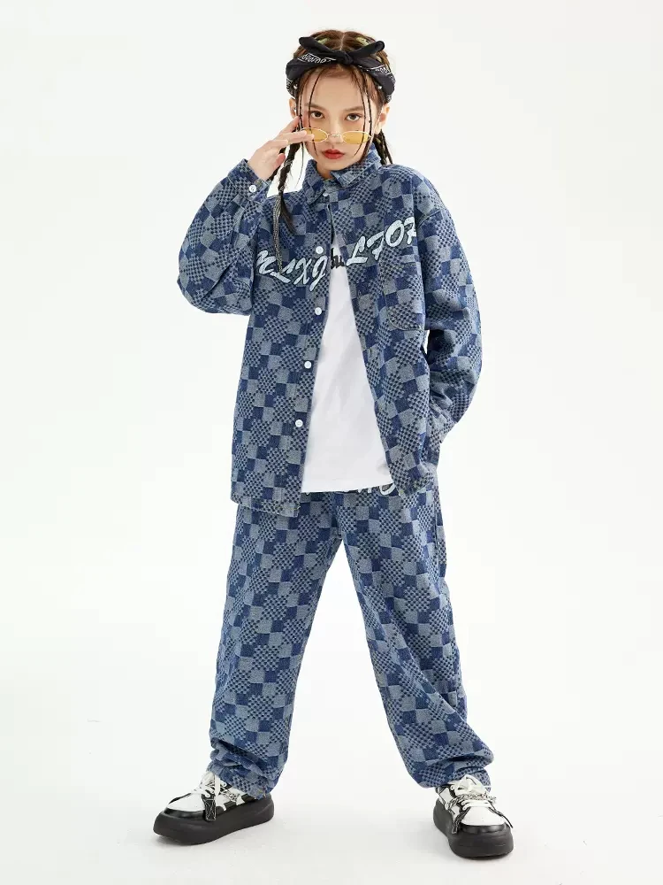 

New Kids Hip Hop Dance Costume Long Sleeved Kpop Streetwear For Girls Denim Coat Pants Boys Modern Dance Performance Wear BL9654