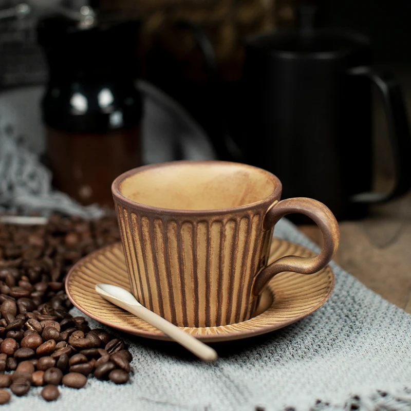 

Retro coffee cup personality household coarse pottery hanging ear coffee cup with saucer simple kiln water cup