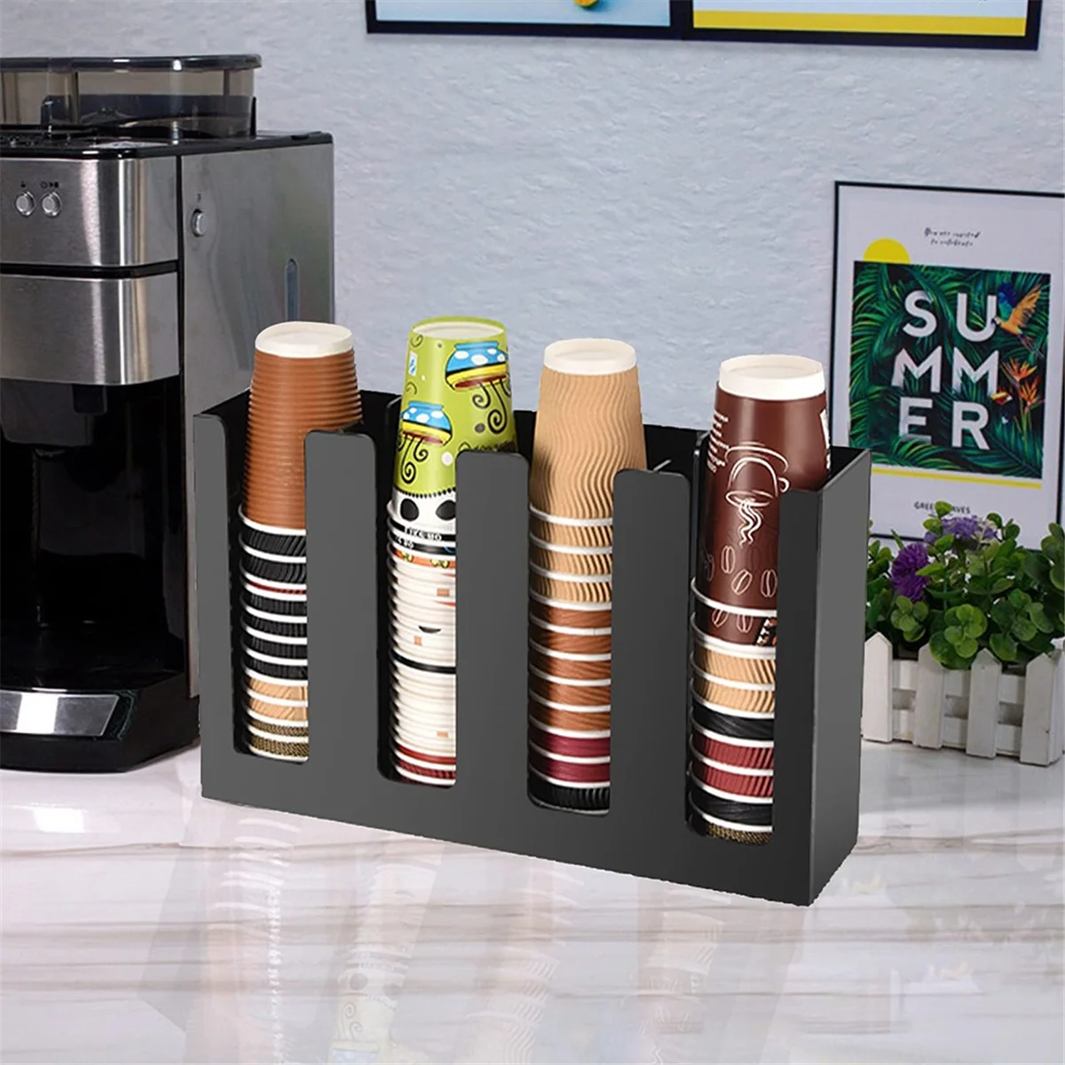 Coffee Cup and Lid Organizer Disposable Paper Cup Holder Dispenser, 4 Compartments