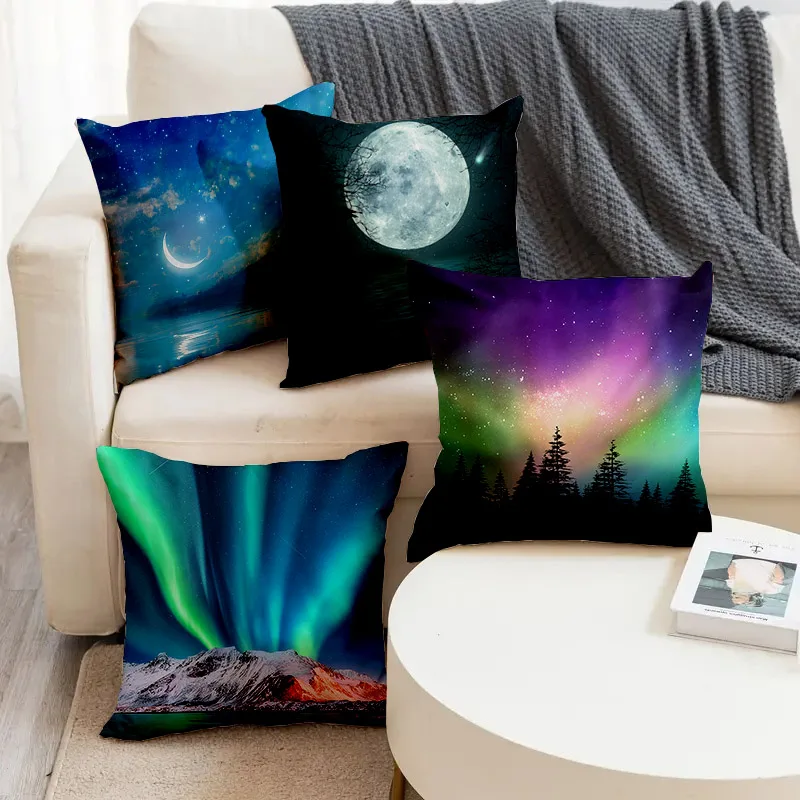 

Polar Night Colorful Aurora Moon Pattern Printed Square Pillowslip Linen Blend Cushion Cover Pillowcase Living Room Home Decor