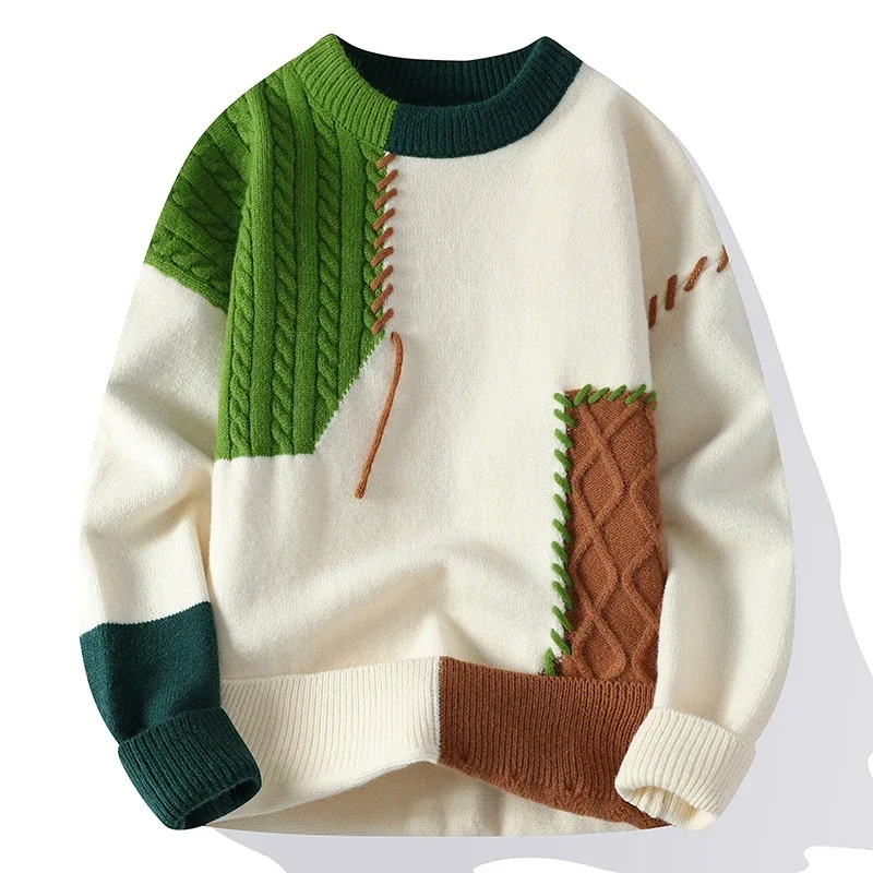 

Осенне-зимние теплые мужские свитера, модные пуловеры с высоким воротником в стиле пэчворк, новая Корейская уличная одежда, пуловер, повседневная мужская одежда