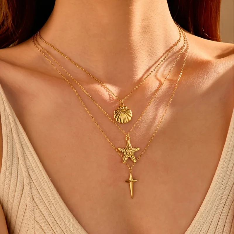 3pieces/set Metal Sun Star Cross Shell Pendant Neckalce Waterproof Stainless Steel Chain Roseflower Choker Fashion Jewelry 2025