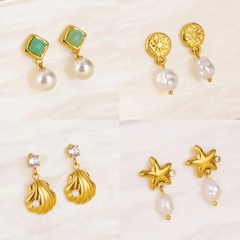 Imitation Jade Square Earrings for Women Stainless Steel Gold Color Starfish Shell Earrings Fashion Wedding Waterproof Jewelry