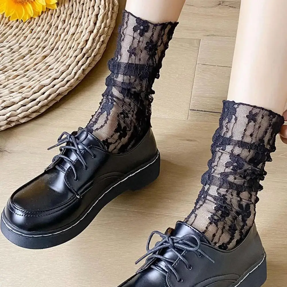 Weiche Lolita Süße Weiße Flor Socken Frauen Mesh Fishnet Dünne Nylon Seide Retro Blume Spitze Socken Damen – Detail 2
