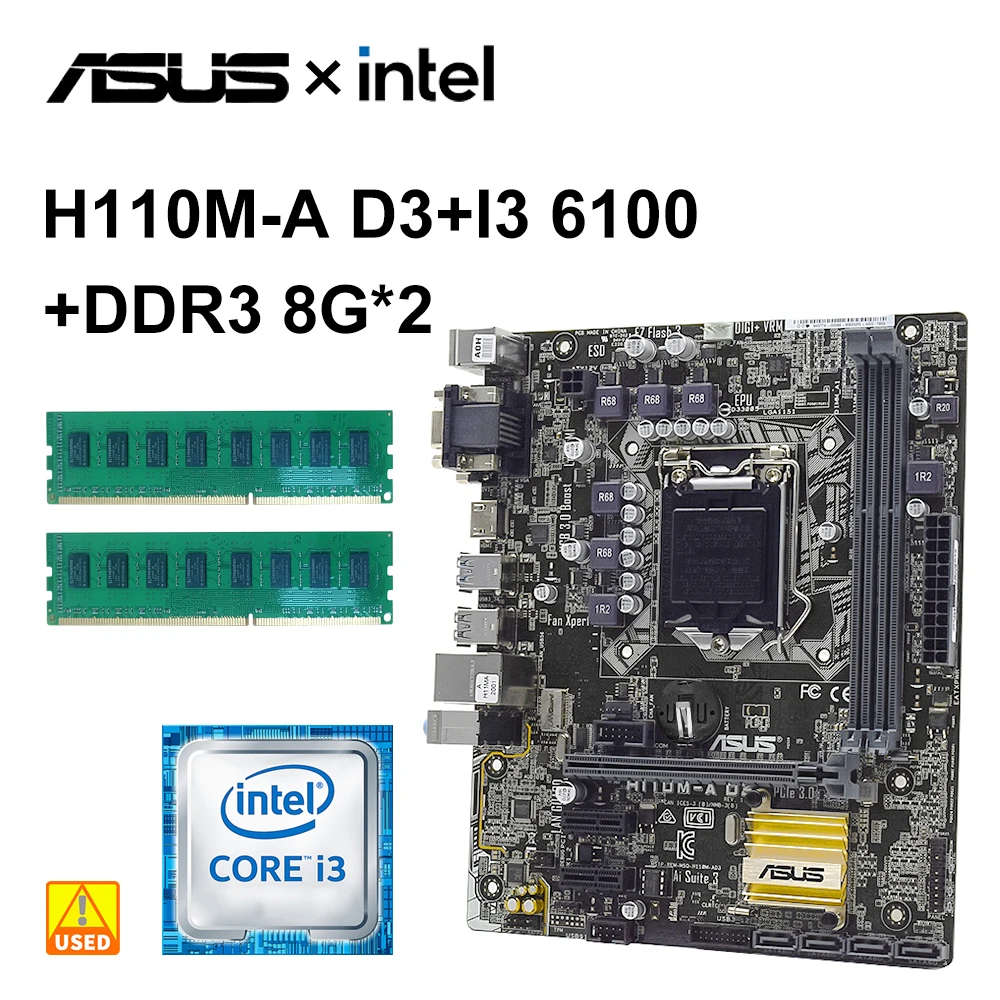 

LAG 1151 комплект материнской платы Asus H110M-A D3 материнская плата с intel Core i3-6100 cpu и DDR3 8G * 2 PCI-E 3,0 SATA 3 USB3.0 Micro ATX