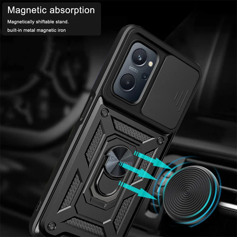 Realme9i RMX3491 6.6 케이스 슬라이드 카메라 렌즈 OPPO Realme 9i 9 i 갑옷 자석 링 킥 스탠드 뒷면 커버 용 전화 케이스 보호