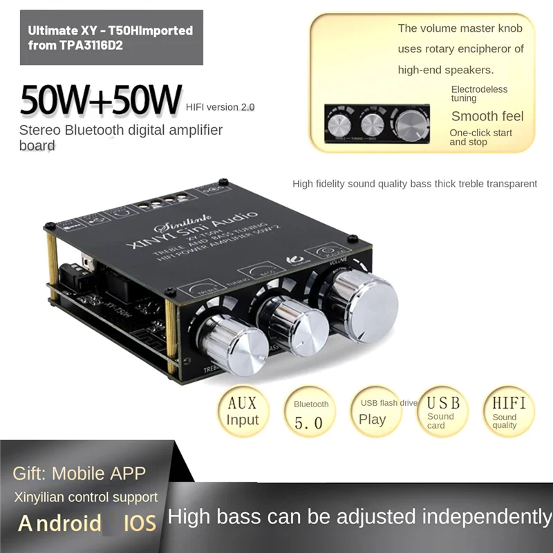 B50B-XY-T50H Bluetooth 5.0 증폭기 보드 TPA3116D2 50W + 50W 고베이스 조정 가능한 스테레오 디지털 증폭기 보드 오디오 모듈