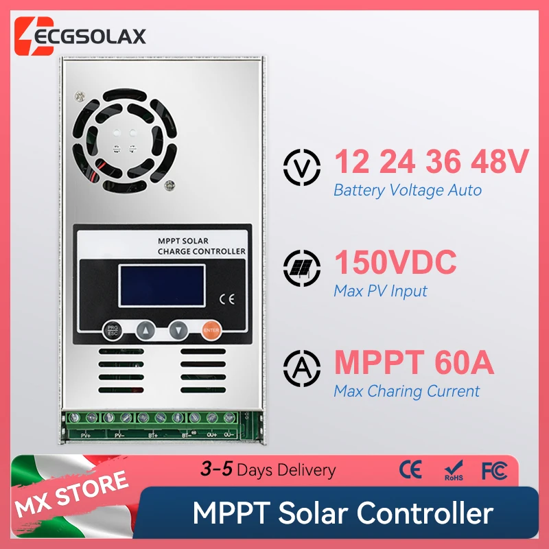 Controlador de Carga Solar MPPT ECGSOLAX 60A, Controlador de Carga de Batería 12/24/36/48V Automático, Máx. PV 150VDC