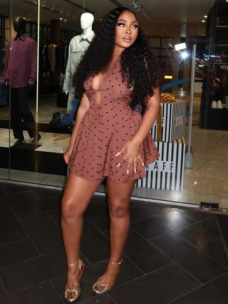 Wmstar Dress Women Wholesale Fashionable Woman Wear Printed Figure Hugging Polka Dot A Line Dress with Pleated Lace Up V Neck