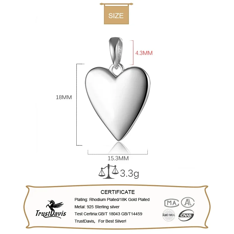 TrustDavis Real 925 Sterling Silver Sweet Romantic Glossy Heart Charm Pendant Handmade DIY Necklace Accessories Jewelry DZ704 pendant necklace silver necklace silver pendant silver necklace charms