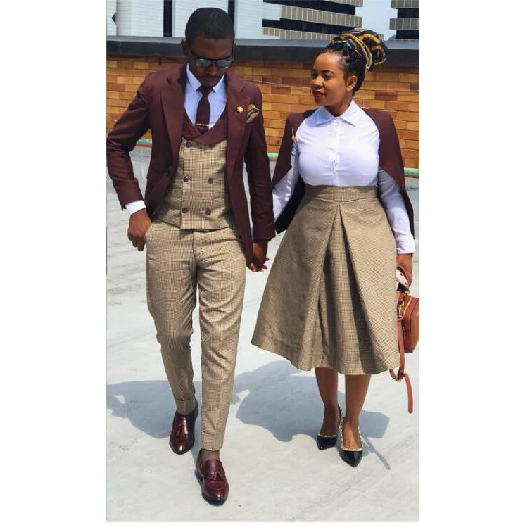 Luxury Costume Homme Burgundy Full Male Suit For Wedding 3 Piece Elegant Dress Men's Plaid Suit Design Wedding Man Jacket