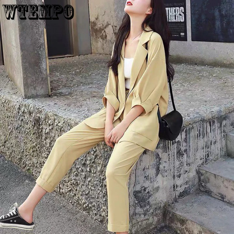 WTEMPO Solid Color New Suit Set Women's Spring Autumn Korean Style Fashion Business Casual Blazers + Pants Two Pieces Set