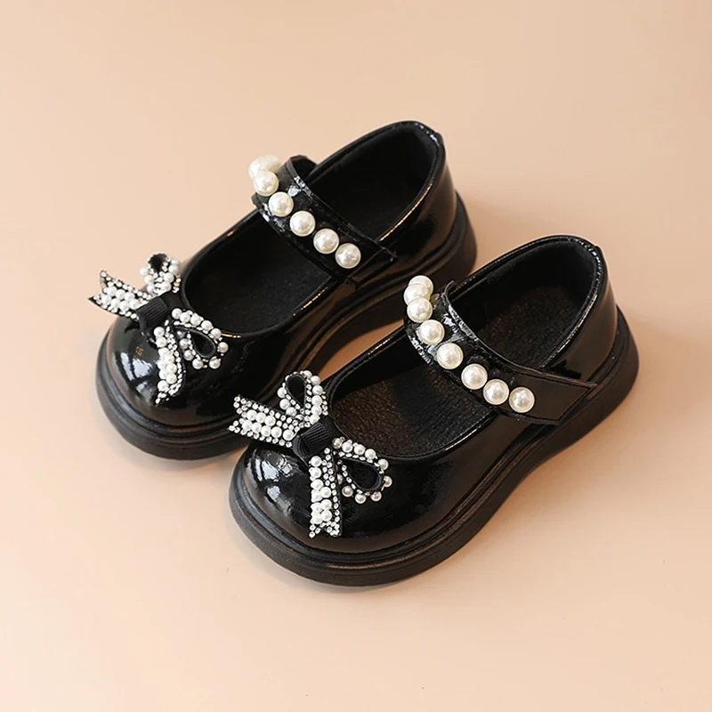 Children Girls Princess Dance Flats Non-slip Spring Autumn Retro Patent Leather Pearl Bow Shoes