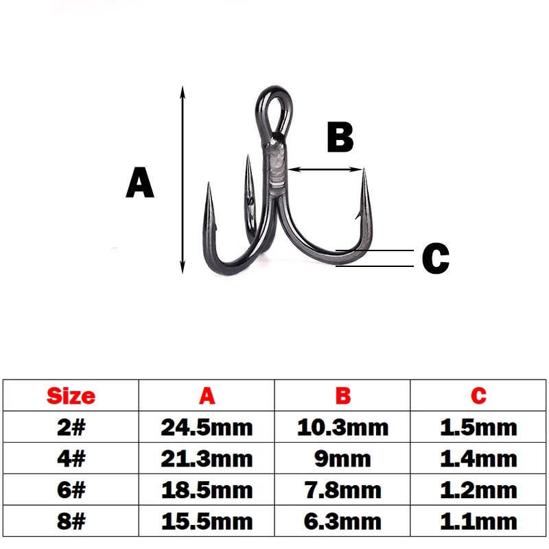 OUTKIT 10pcs 6x Strong Super Sharp Round Treble Hook Antirust High Carbon Steel 2 4 6 8# Sea Treble Hooks Fishing Tackle