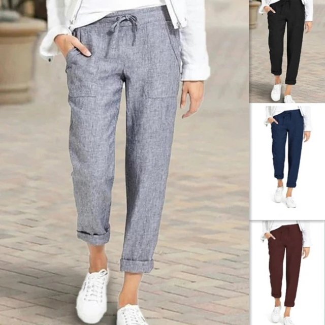 Women's Cotton Linen Pants Drawstring High Waisted Pants Casual