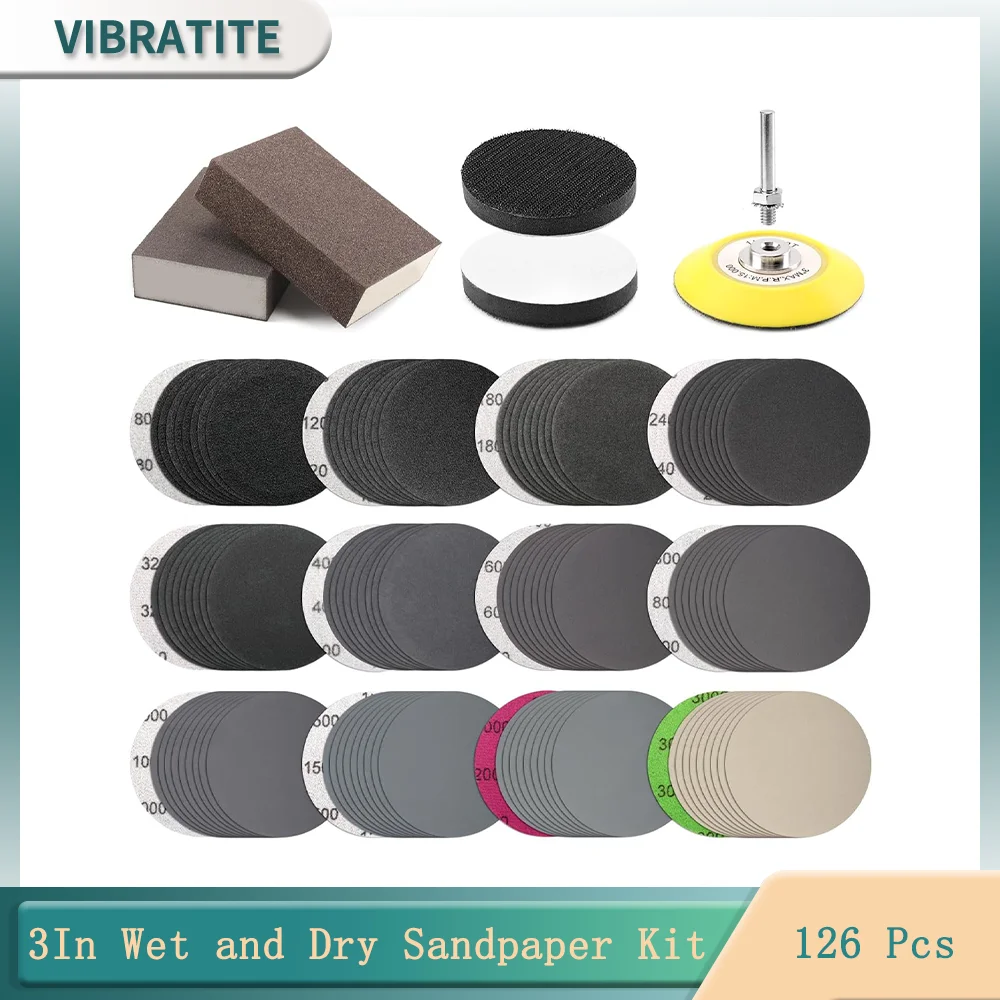 습식 및 건식 사포 키트, 실리콘 카바이드 모듬 80-3000 그릿, 1/4 인치 생크 및 소프트 폼 샌딩 블록, 3 인치, 126 개 