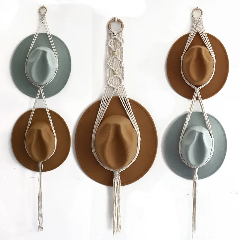 Boho Macrame Hat Hangers For Wall | 2-Hole Hat Organizer With Adhesive Hook | Decorative Cap Holder For Wide Brim Hats - View #10