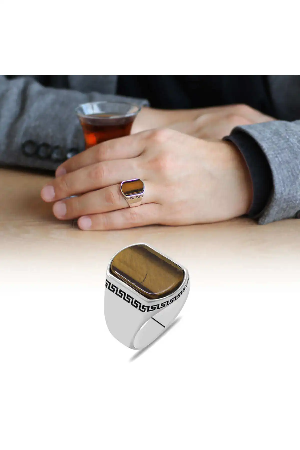 

Мужское серебряное кольцо с тигровым глазом