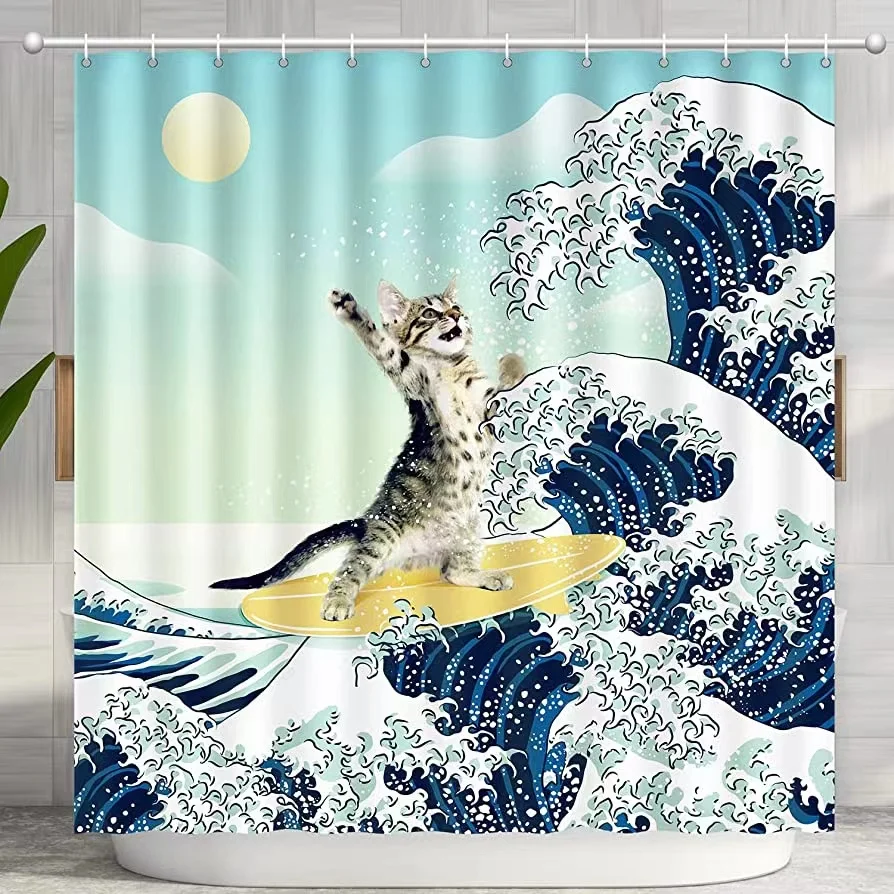 Funny Cat Shower Curtain Surfer Cat Shower Curtain Battle Blue Ocean Great Wave Waterproof Kids Bath Screen Ganci Per La Decorazione Del Bagno