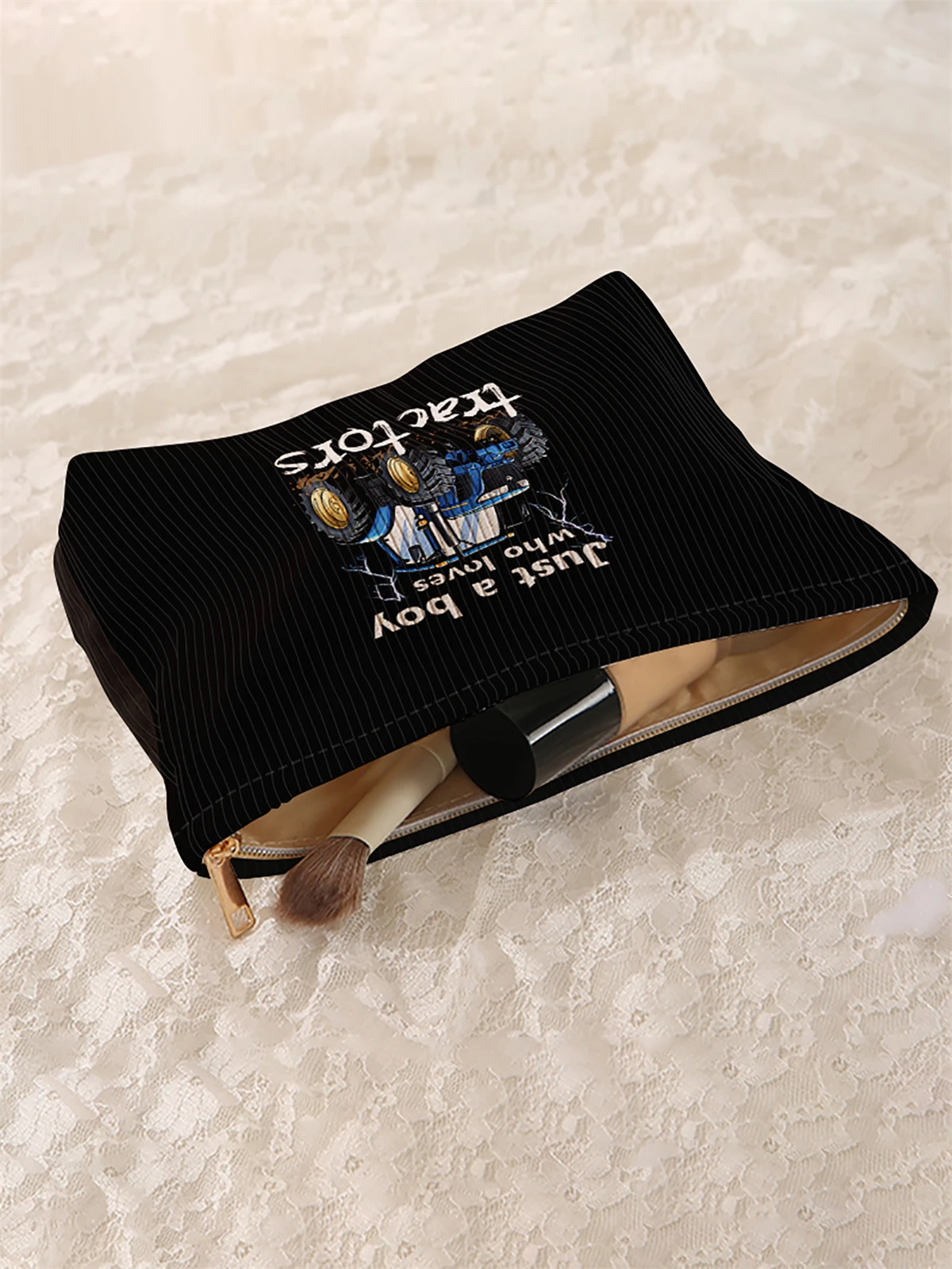 1 truck patterned corduroy makeup bag, lightweight zipper makeup storage box, multifunctional bag with lining