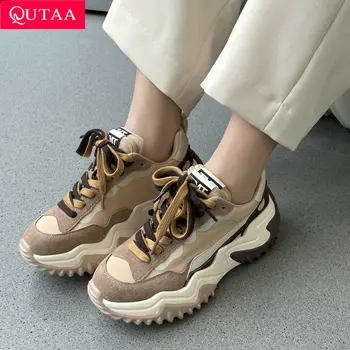QUTAA 2022 봄 가을 라운드 발가락 메드 힐 플랫폼 캐주얼 여성 신발 혼합 색상 암소 스웨이드 레이스 업 여성 스니커즈 크기 35-40